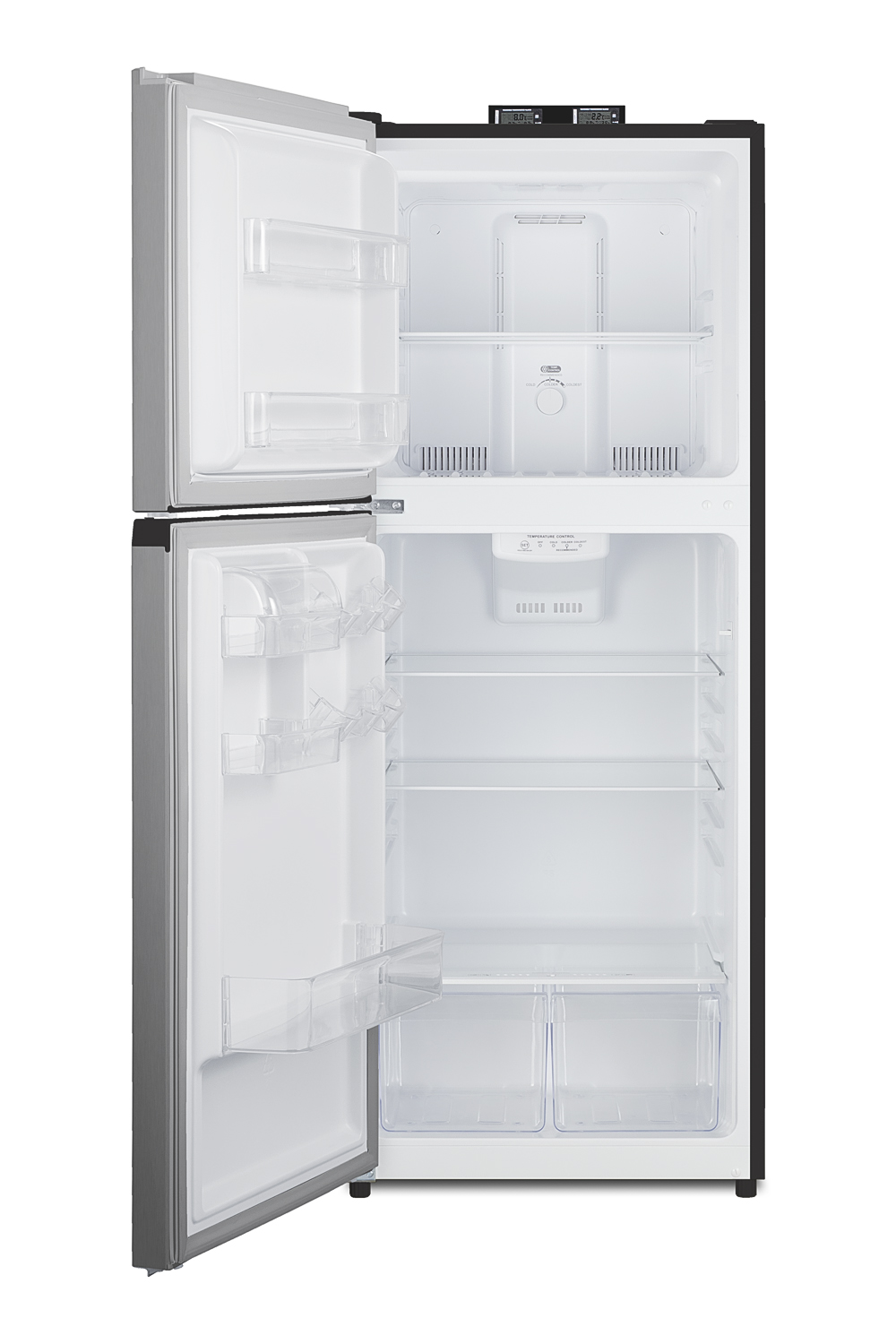 10.1 cu.ft. break room refrigerator-freezer with NIST calibrated alarm/thermometers, frost-free operation in a stainless steel look